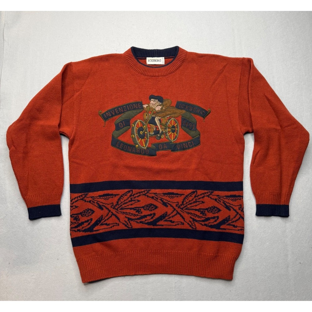 Vintage Iceberg Leonardo da Vinci Virgin Wool Sweater Made in Italy Orange L